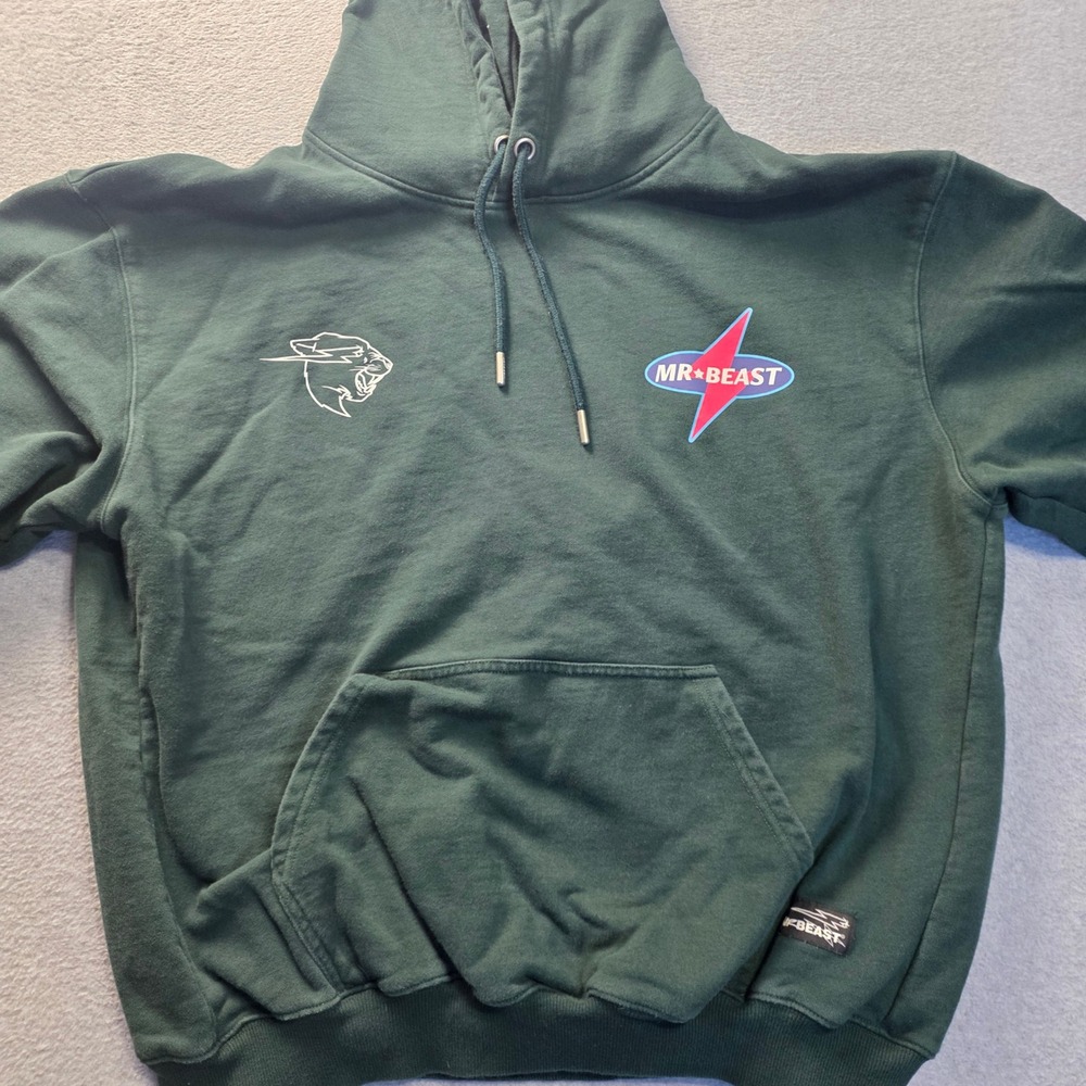 MrBeast Hoodie Mens Large Green Pullover Graphic Logo YouTube Sweatshirt